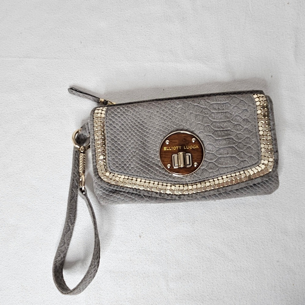 Elliott‎ Lucca Grey Snakeskin Embossed Leather Wristlet Clutch Wood Turn Lock